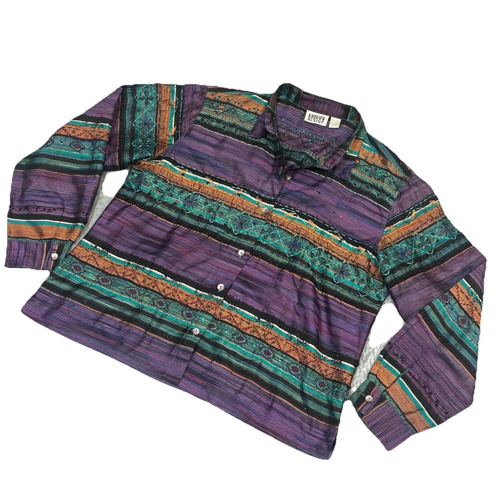 Vintage Chico's Silk Blouse 2 Size Large Colorful Boho Artsy Beaded Embroidered - Picture 8 of 8